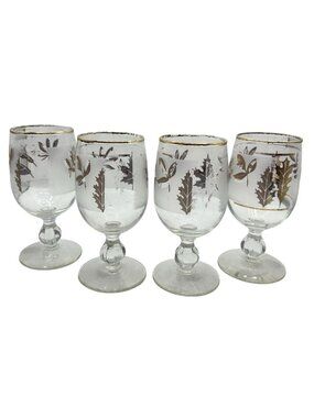Vtg Libbey Golden Foliage Leaf Stemmed Wine Glasses Set of 4 *Fair*